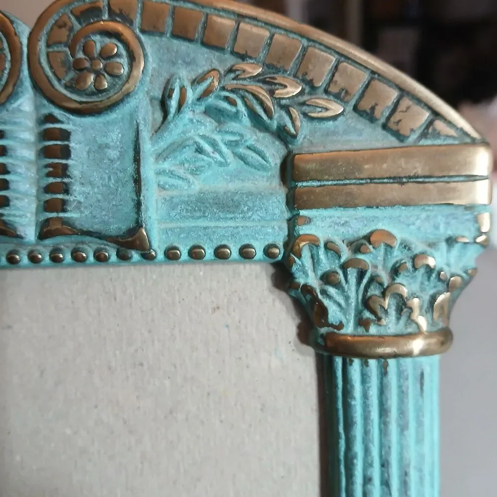 Vintage Greek Revival Metal Faux Verdigris & Gold Picture Frame 4x6 Photo Insert